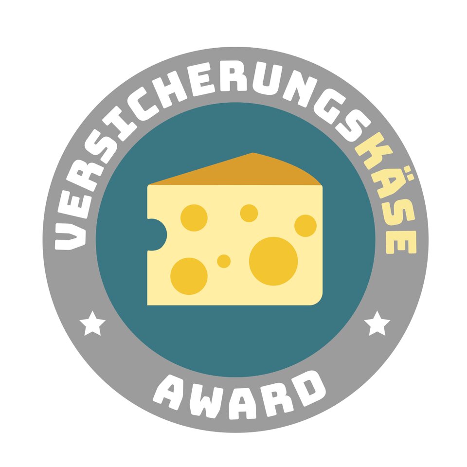 Logo des Versicherungskäse-Award: Ein stilisiertes Bild eines Käsestück mit Löchern in einem Kreis, umrahmt mit den Worten Versicherungskäse Award und zwei Sternen. | © BdV