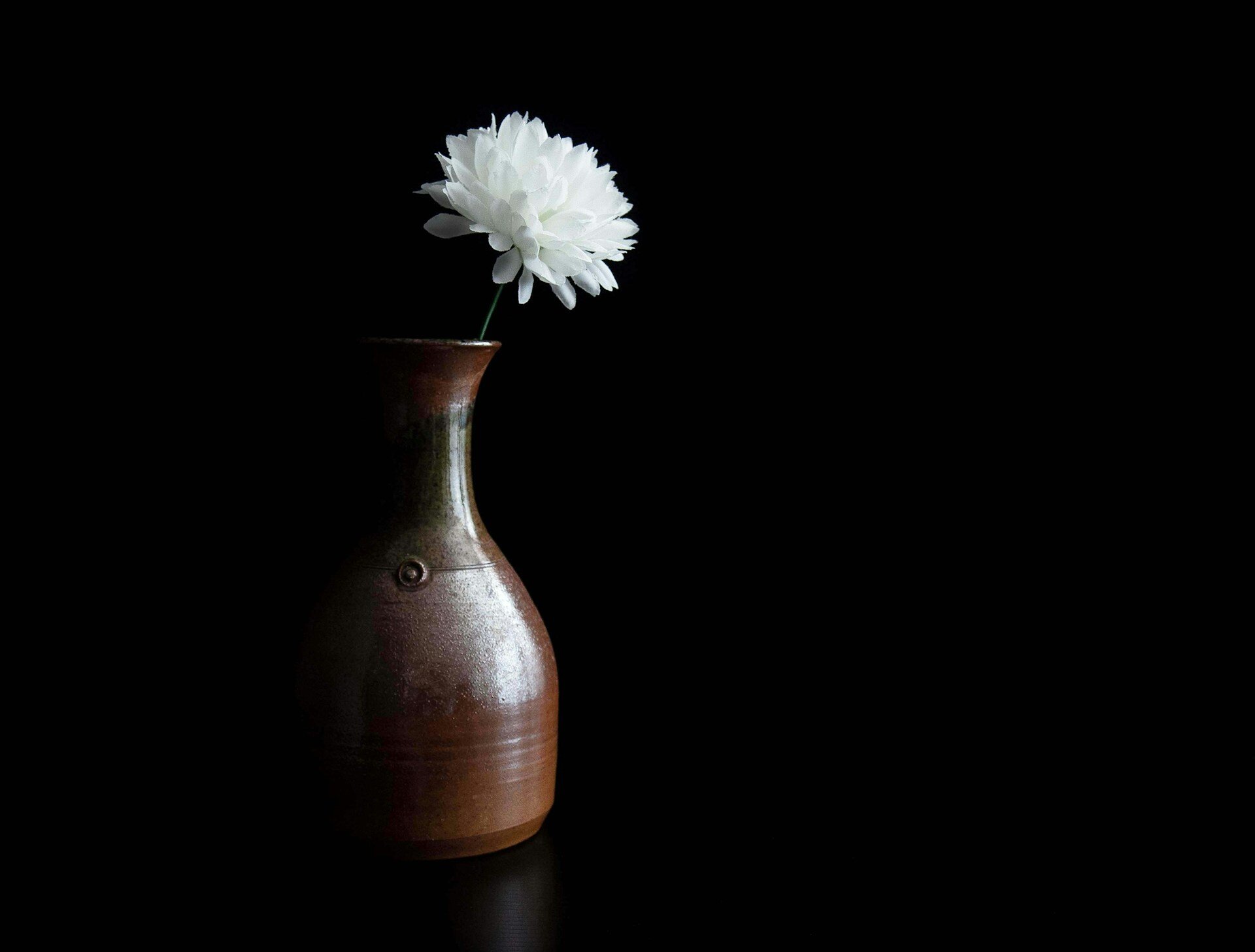 Auf dem Bild sieht man eine braune Vase mit einer weißen Blume, der Rest des Bildes ist sehr dunkel | © Rae Wallis/Unsplash